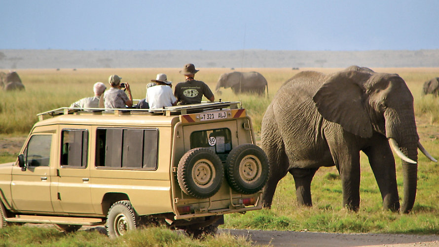 Xe safari di chuyển trong khu bảo tồn Maasai Mara tại Kenya.